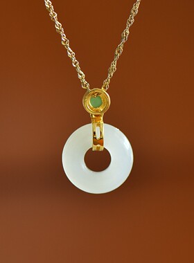 天然玉石s925银镀金镶和田玉平安环吊坠白玉碧玉锁骨项链女友礼物