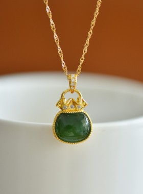 天然玉石s925银镀金镶和田玉白玉碧玉玉福袋储物袋吊坠锁骨项链女