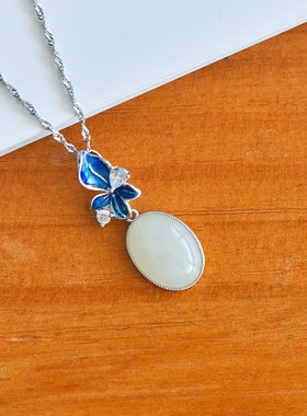 天然玉石s925银镀金镶和田玉白玉10*14mm蛋面吊坠2色选珐琅花项链