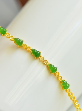 天然玉石s925银镀金镶和田玉碧玉葫芦手链精美漂亮果绿女时尚饰品