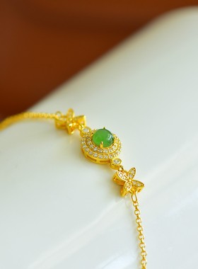 天然玉石s925银镀金镶和田玉碧玉手链镶钻宝石时尚简约饰品女礼物