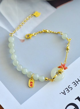 天然玉石s925银镶和田玉青海料平安环6厘珠手链银镀金时尚女礼物