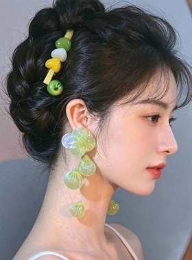 原创绿色长款流苏夸张耳饰女