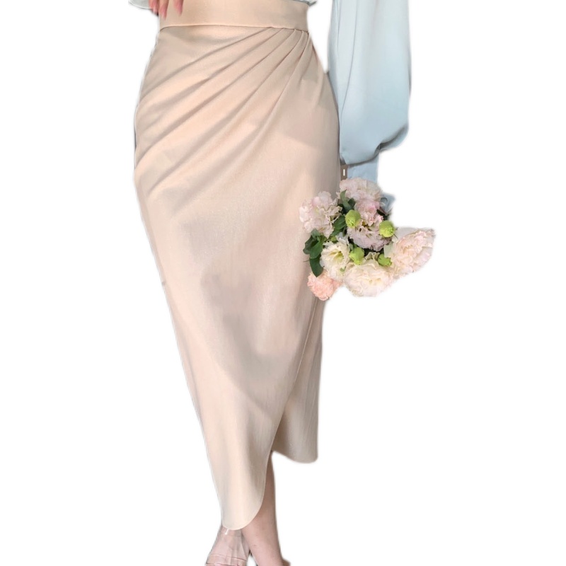褶皱不规则半身裙高腰显瘦设计感气质淑女温柔风中长款粉色包臀裙 - 图3