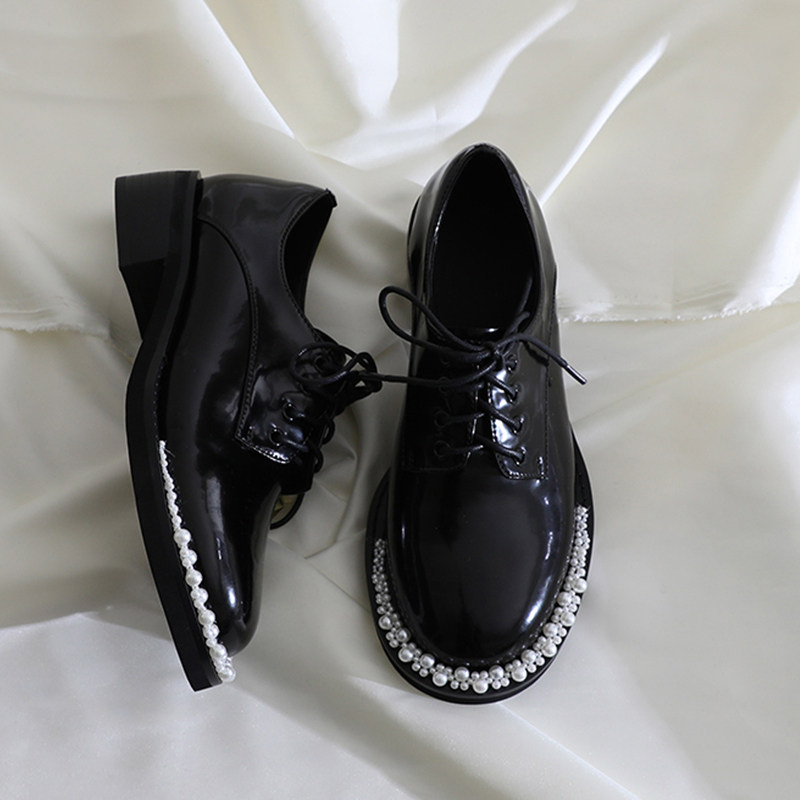 莲花府邸新款圆头系带小皮鞋日系学院风百搭深口真皮低跟女鞋串珠,淘宝优惠券,粉丝福利购,淘宝优惠卷