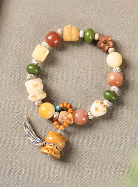 治愈减龄手串手持森系国潮萌宠猫咪无脸男风化菩提多宝方糖橄榄核