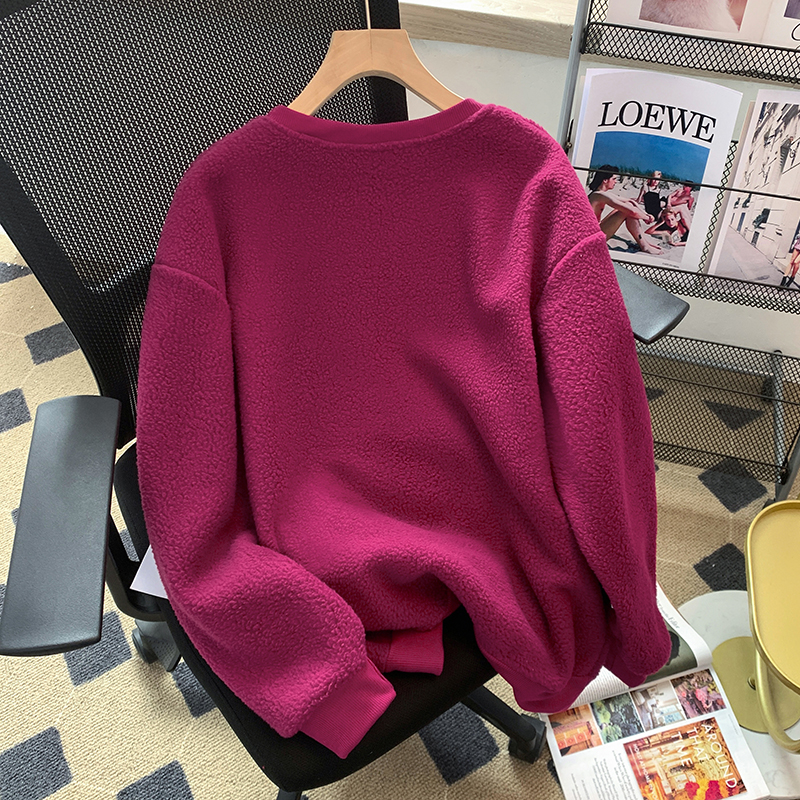 捡漏玫红色羊羔毛卫衣女装新款冬装宽松气质减龄加厚保暖百搭外套 - 图0