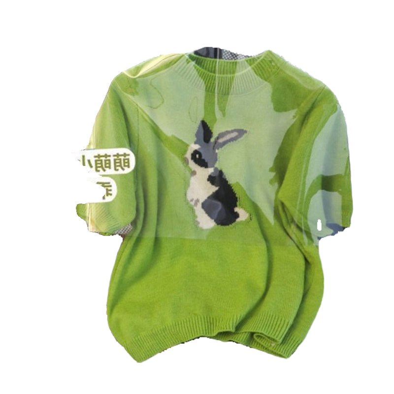 大牌绿色小兔子提花针织衫女装夏新款洋气别致设计感小众短袖毛衣-图3