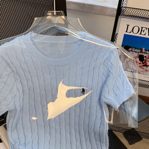 捡漏~出口外贸尾货女装雾霾蓝短袖针织衫T恤小香风法式短款上衣夏 - 图1