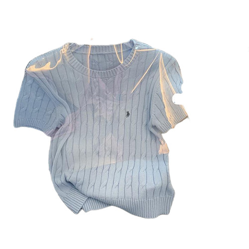 捡漏~出口外贸尾货女装雾霾蓝短袖针织衫T恤小香风法式短款上衣夏 - 图3