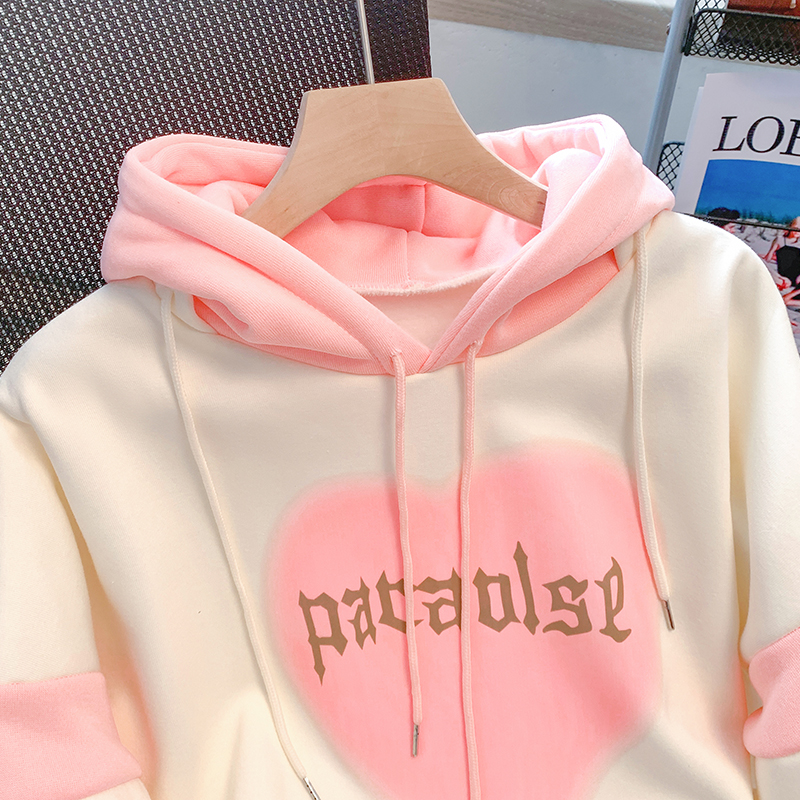 大码爱心字母印花连帽卫衣女小众百搭撞色拼接上衣减龄加绒连帽衫 - 图3