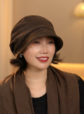 新款秋冬季带檐堆堆帽休闲百搭遮白发冷帽户外挡风保暖护耳帽子女