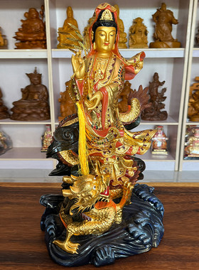 香樟木雕乘龙观音客厅中式摆件