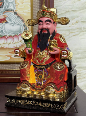 财神爷神像文财神范蠡比干佛像香樟木雕聚宝盆招财家用供奉摆件