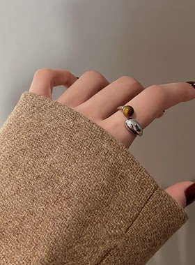 美拉德圆珠戒指女个性气质素圈虎眼石精致S925镀银开口指环食指戒