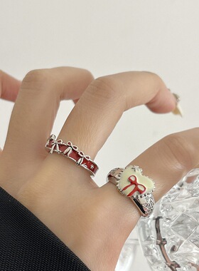 甜酷氛围感蝴蝶结爱心戒指女轻奢时尚百搭开口指环网红小众食指戒