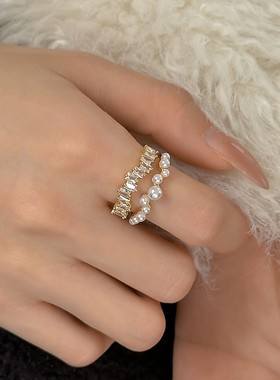 精致轻奢双层戒指女波浪不规则优雅仿珍珠S925镀银开口指环食指戒