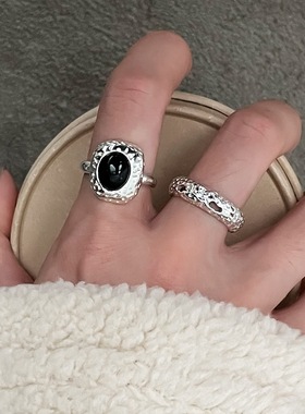 甜酷叠戴黑色戒指女个性时尚气质开口指环小众网红百搭优雅食指戒