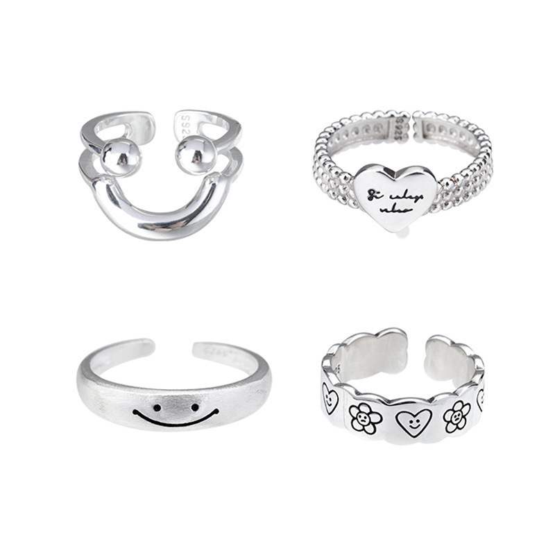 Sweet and cool smiley face graffiti smile ring for women versatile fashion personality temperament S925 silver open ring index finger ring trendy