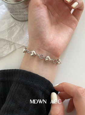 韩版S925做旧爱心手链女复古时尚气质嘻哈一串桃心手环文艺手饰品