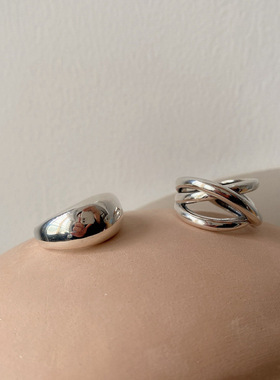 韩版S925镀银气质水滴戒指女复古时尚光面线条交叉开口指环食指戒