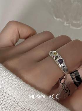 彩色绚丽锆石戒指女精致轻奢优雅爱心S925银开口指环气质食指戒潮