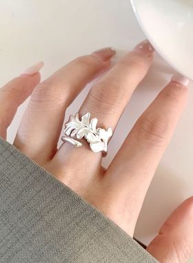 甜酷银杏树叶戒指女几何不规则镂空百搭叠戴开口指环ins风食指戒