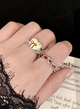 轻奢酒红滴釉蝴蝶结戒指女精致优雅时尚宫廷风浪漫爱心开口食指环