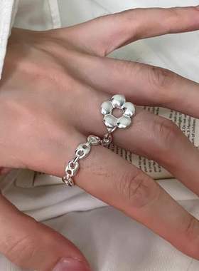 甜美镂空花朵戒指女叠戴气质猪鼻子S925银开口指环ins小众食指戒