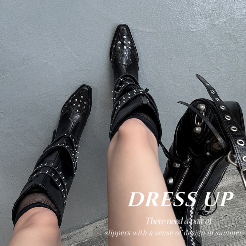 2025新款褶皱西部牛仔靴女尖头V口显瘦粗跟短靴铆钉马丁靴骑士靴,淘宝优惠券,粉丝福利购,淘宝优惠卷