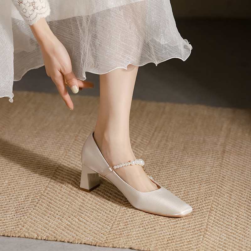 法式绸缎面粗跟玛丽珍方头单鞋女高跟鞋主婚纱婚鞋新娘鞋日常可穿,淘宝优惠券,粉丝福利购,淘宝优惠卷