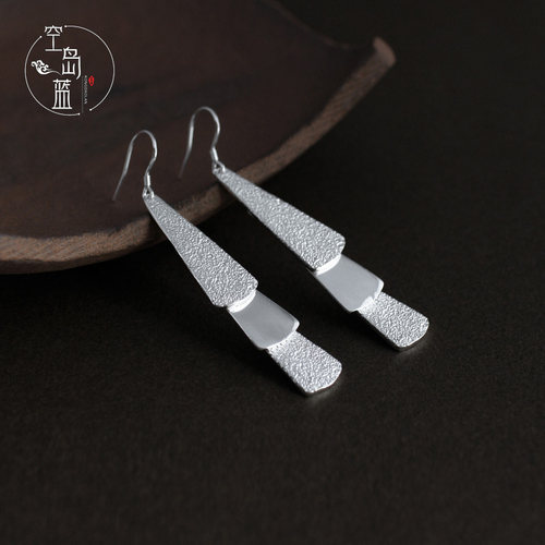空岛蓝925银文艺新中式复古风扇片耳环优雅气质民族风耳坠耳夹女 - 图2