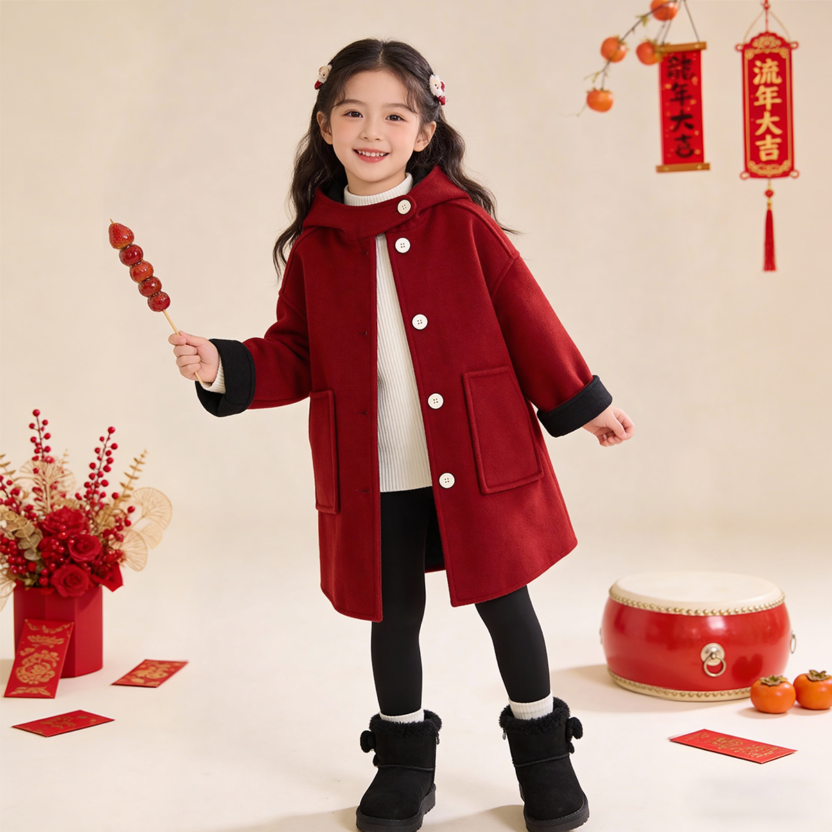 女童韩版双面穿中长款毛呢外套秋冬2026新儿童洋气红色大衣拜年服,淘宝优惠券,粉丝福利购,淘宝优惠卷