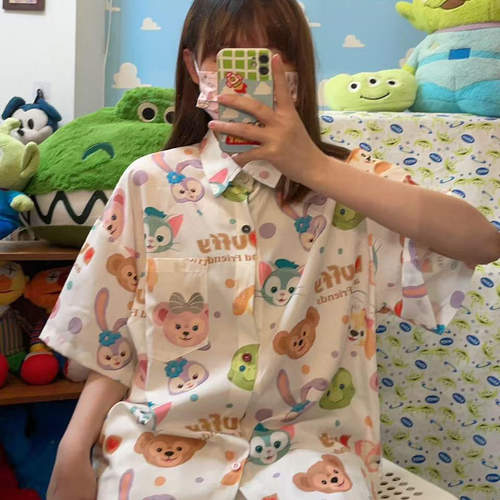 自制 夏日多巴胺七宝满印可爱oversize纯棉衬衫男女短袖bf风上衣 - 图2