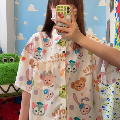 自制 夏日多巴胺七宝满印可爱oversize纯棉衬衫男女短袖bf风上衣 - 图1