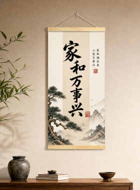 家和万事兴挂画客厅装饰画新中式玄关沙发背景墙国画书法卷轴竖版