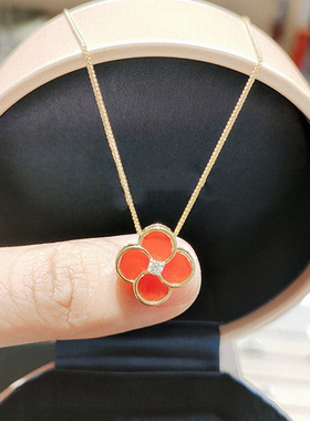 王宫花窗四叶草项链女纯银镀黄金色白贝母红玉髓镶钻锁骨链复古潮