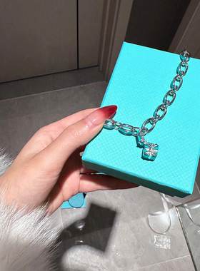 新品Т系列 纯银925礼物盒手链蓝色珐琅蝴蝶结粗链手环男女情侣款