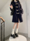 Preppy style school horn button coat for women navy blue autumn and winter day style woolen coat