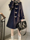 Preppy style school horn button coat for women navy blue autumn and winter day style woolen coat