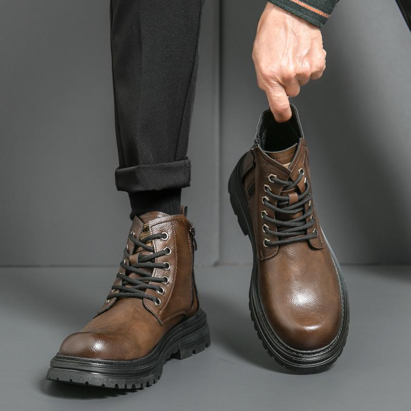 马丁靴男高帮2025新款秋冬季英伦复古百搭厚底工装男士侧拉链皮靴 - 图1