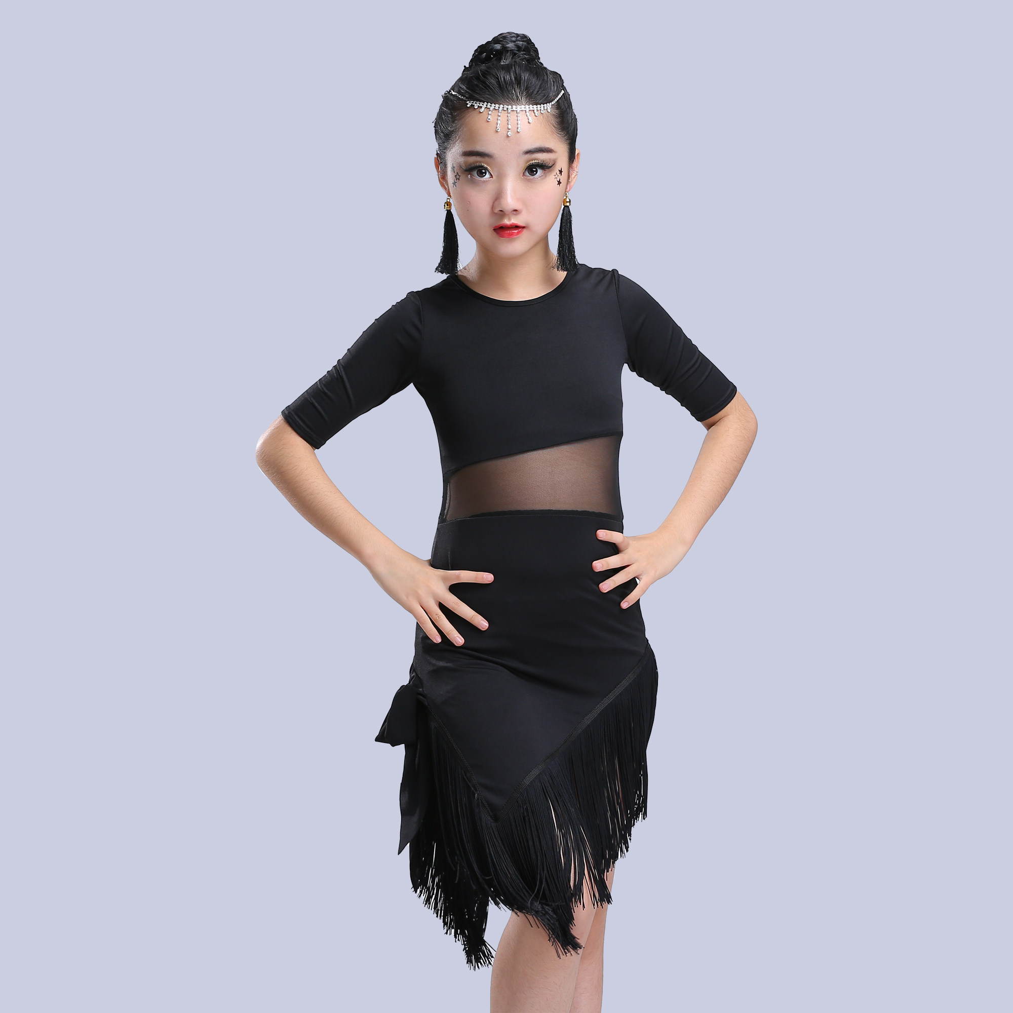 夏季儿童拉丁舞裙女童练功比赛演出服中大童女孩流苏裙舞蹈服短袖