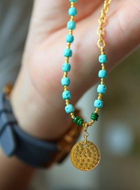 天然绿松石项链卡4.518k金镶嵌通体18k金