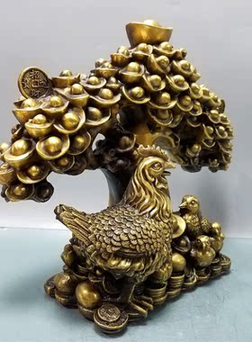包邮金鸡摇钱树摆件纯铜母鸡发財树玄关办公室店铺装饰工艺品摆设