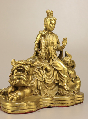 纯铜文殊普贤菩萨像摆件 铜华严三圣菩萨神像 风水家居供奉菩萨像