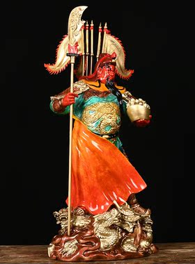 纯铜关公摆件纯铜彩绘横刀关二爷关羽武财神神像家居客厅招财摆件