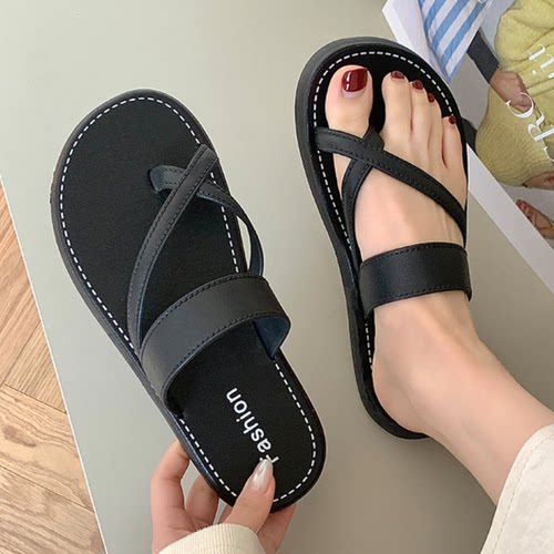 拖鞋女款夏季2026新款交叉带套趾凉拖鞋简约时尚防滑平底沙滩拖鞋 - 图1