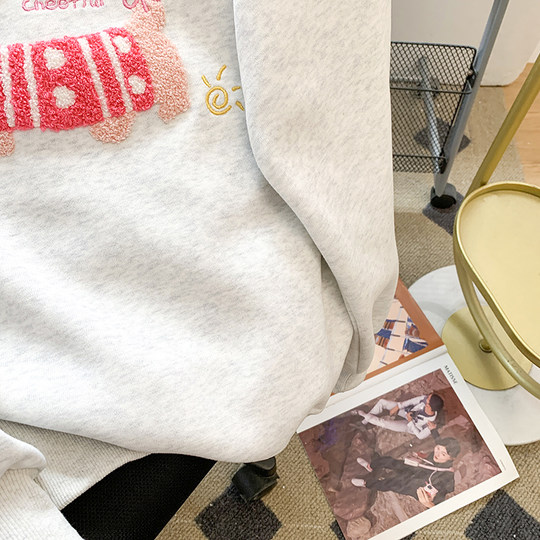 American retro embroidered puppy sweatshirt for women 2025 new hot style autumn and winter plus velvet and thickened this year's popular tops