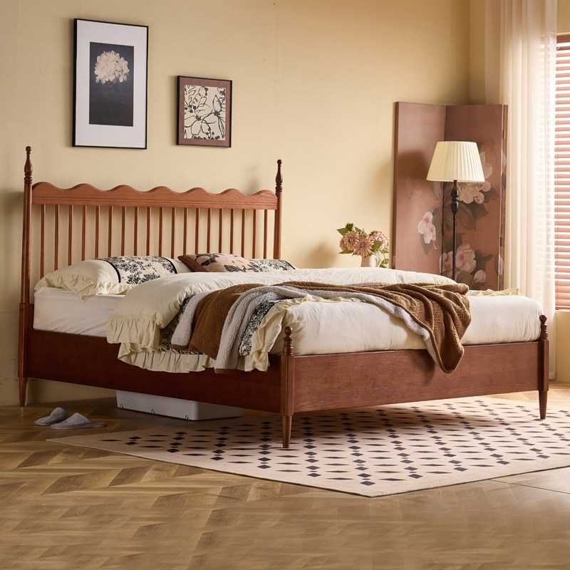 长190超薄床头1米8波浪135高脚箱体离地1米2中古风白蜡木全实木床 - 图0