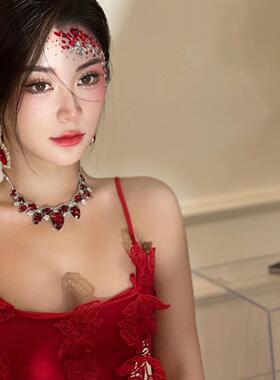 复古宫廷奢华夸张水滴红色闪钻耳环古典气质新娘写真晚宴耳夹女